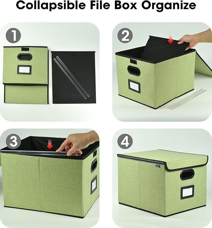 Qerlei File Organizer Boxes with Lids,Collapsible File Folder Organizer with Plastic Slide,Collapsible Filing & Storage Boxes for Office/Decor/Home (Green, 2 Pack)