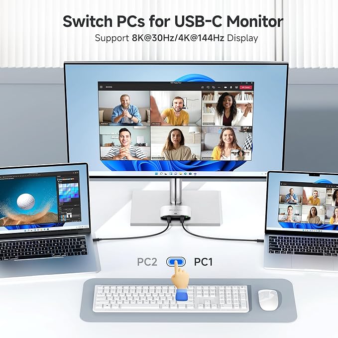 Cable Matters 20Gbps USB C KVM Switch for 2 Computers, Up to 8K@30Hz on Windows, 4K@60Hz on macOS, 140W PD, for Sharing a USB-C/Thunderbolt 4 Monitor or Dock (Not for Dock with an Attached Cable)