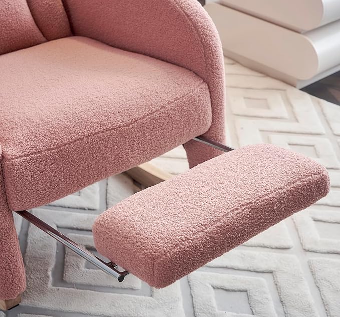 Comfy Rocking Chair Nursery Glider, Upholstered Nursery Chair with Foot Rest, Modern Rocker Chair with Pocket, Accent Armchair with Smooth Rocking Base for Nursing, Reading, Relaxing (Pink Teddy)