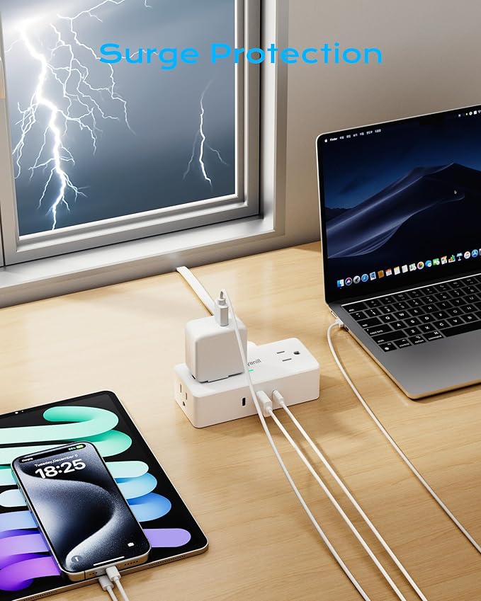 Kakyanill Surge Protector Power Strip, 10 ft Flat Extension Cord with 4 Outlets 3 USB Ports (2 USB C), Flat Plug Power Strip with 900 Joules Protection, Suitable for Home Office Dorm Room, White