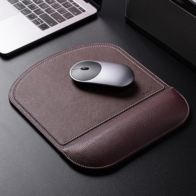 Brown Office Square Leather Mouse Pad with Wrist Rest Non-Slip Design, Business Style Gaming PU Mousepad for Learners, Workers &Computer Users.
