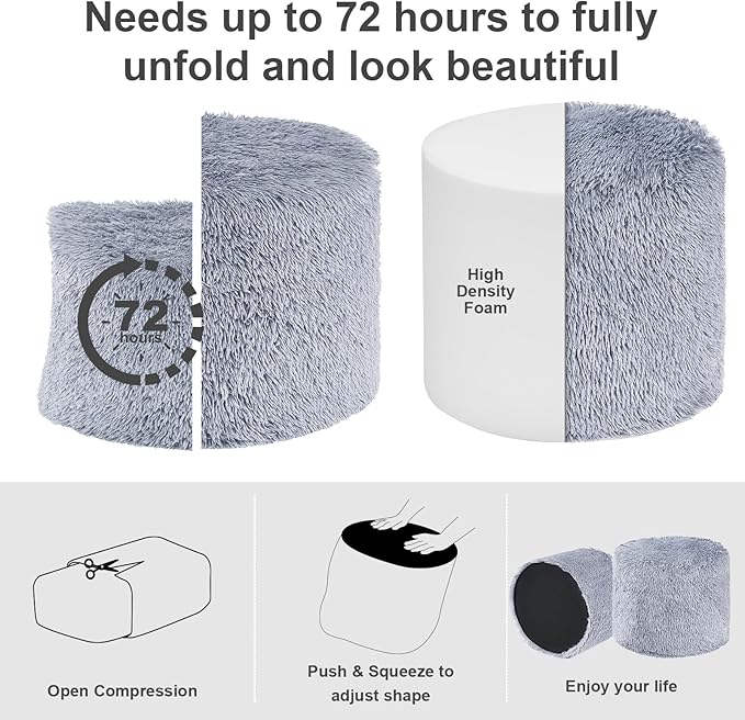 Hansleep Round Stuffed Pouf Ottoman 20 x 15, Foam Filled Faux Fur Ottoman Foot Rest for Chair with Washable Cover, Foot Stools Under Desk for Living Room & Bedroom, Grey