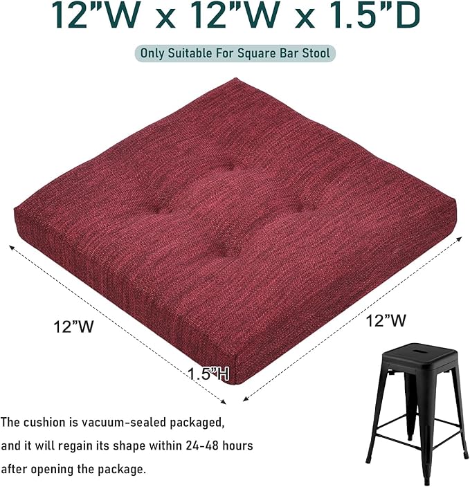 baibu 12 Inches Memory Foam Square Seat Cushion Set of 2, Dual-Layer Design Bar Stool Square Seat Cushion with Ties - 2 Pads Only, Red (12'' (30CM))