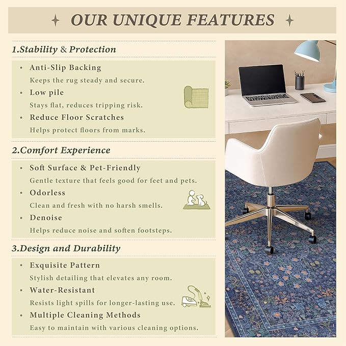 Dark Blue Office Chair Mat for Hardwood Floors, Tile Floor Protector for Heavy Duty Office Chairs, Under Desk Carpet with Anti-Slip & Stain Resistant, Ultra Soft Low Pile Washable Area Rug, 4x5