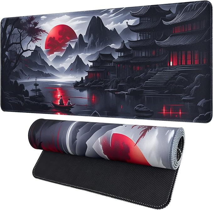 FreeNook Black Mouse Pad Gaming Keyboard Pad 35.4 x 15.7 in Computer Mouse Pad Anime Gaming Mousepad, Expanded Architecture Cool Desk Pad, Japanese Red Moon Large MousePads Suitable for Home Office