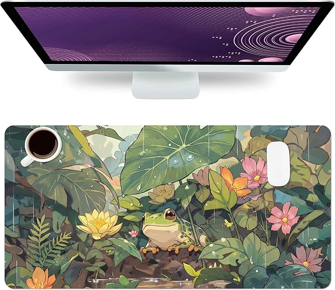 Cute Desk Mat, Anime Frog Large Mouse Pad for Desktop, PU Leather Waterproof Desk Pad, Anti-Slip Computer PC Laptop Protector Gaming Mouse Pads for Office Home Decorations (27.5" x 13.8")