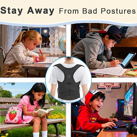 Kids Back Brace Posture Corrector for Boys Girls Teen Youth, Adjustable Upper Back Straightener Lumbar Support Belt for Children Teenager Hunchback Scoliosis Pain Relief Spine Corrector (Black, Small)