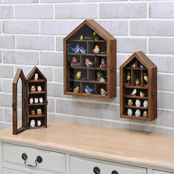 Ikee Design 3 Pcs Set Wall-Mounted House-Shaped Wooden Shadow Cubby Box Display Shelf with Door Storage Display Case for Collectibles, Trinkets, Mini Figures, Brown Color, 21.1W x 3.1D x 14.8H in