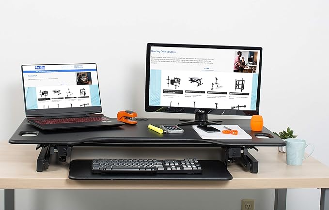 Rocelco 46" Large Height Adjustable Standing Desk BUNDLE - Quick Sit Stand Up Dual Monitor Riser - Tall Gas Spring Assist Computer Workstation - Retractable Keyboard Tray - Black (R DADRB-46-FS2)