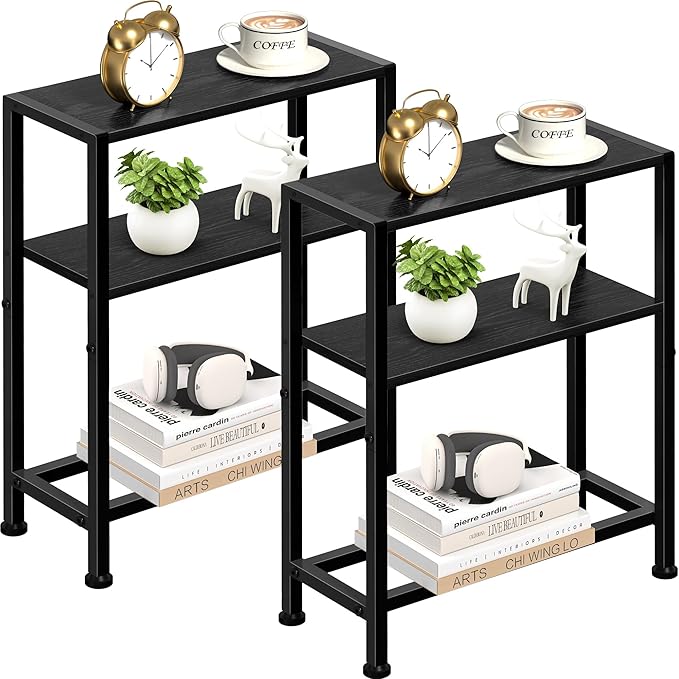Narrow Side Table Set of 2 for Small Space, 2-Tier Small End Table with Shelf Holder, Slim Nightstand, Skinny Snack Couch Table in Living Room, Bedroom, Study, Kitchen and Balcony (Black)