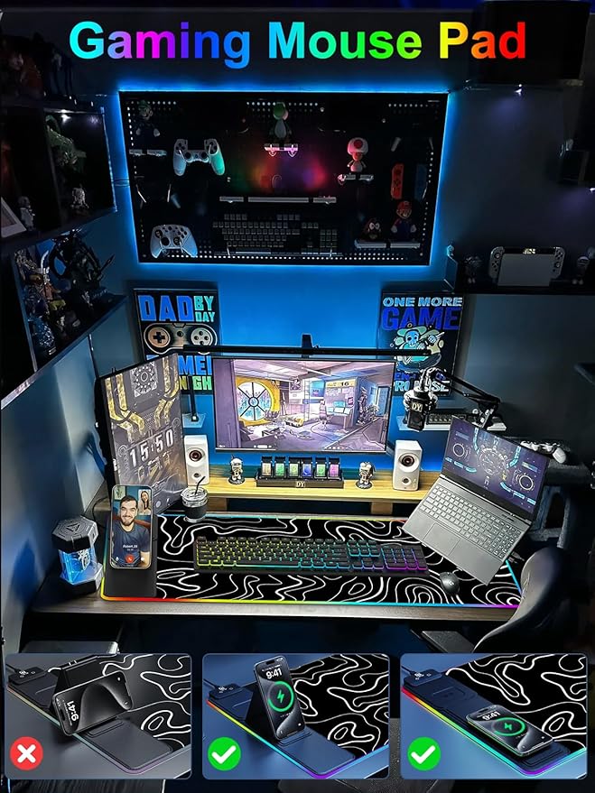 XXL Mouse Pad with Phone Holder - Black, RGB Desk Mat with 15W Fast Charging, LED Gaming Mousepad with 11 Light Colors, Waterproof Non-Slip Pad for Office & Home (Topographic)