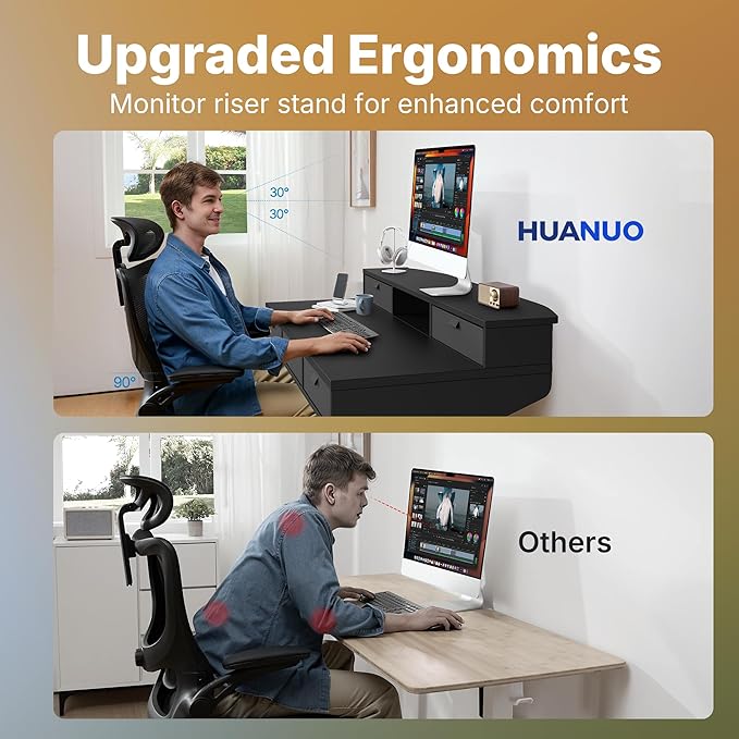 HUANUO 48 X 24 inch Electric Standing Desk with 4 Drawers, Adjustable Height Sit Stand Home Office Desk, C-Clamp Mount Compatible, Ergonomic Stand up Desk with 4 Preset Heights, Black