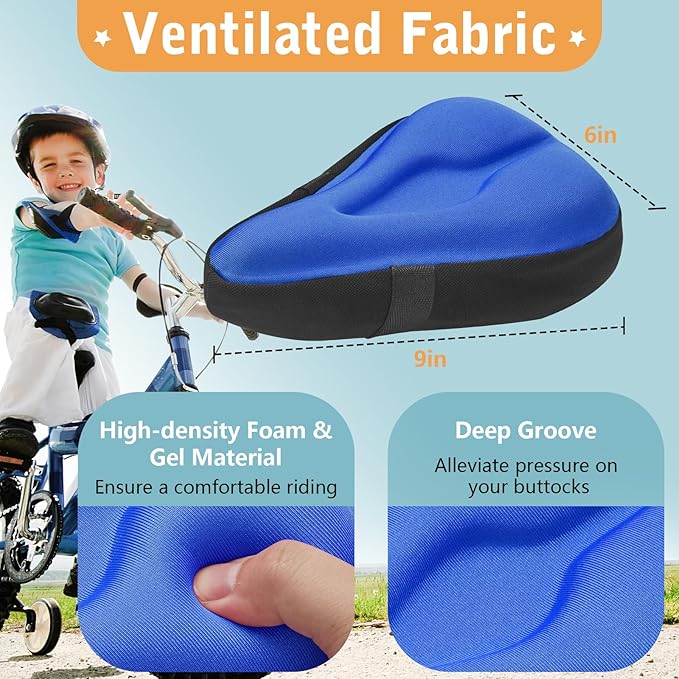 Zacro Gel Kids Bike Seat Cushion Cover for Boys & Girls, Anti-Slip Bike Seat Cover for Toddler, Breathable & Extra Soft Memory Foam Child Bicycle Saddle Padded with Reflective Strip, 9"x6"