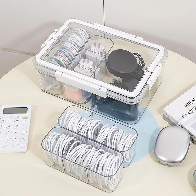Large Cable Storage Box with Lid, Plastic Power Cords Organizer for Desk Drawer, Clear Home Office Container for Cell Phone Charger, Art Crafts and Stationery
