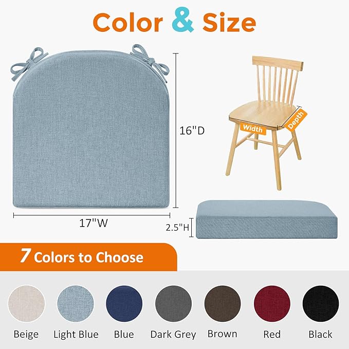 downluxe Chair Cushions for Dining Chairs, Memory Foam Linen Kitchen Chair Pads with Ties, Waterproof, Stain-Resistant and Washable Cover, 17" x 16" x 2.5", Light Blue, 6 Pack