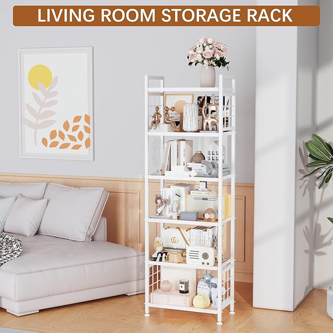 GIOTORENT 6-Tier Pantry Shelves with Wooden Boards, Heavy Duty Storage Shelves & Book Shelf, Adjustable Metal Shelving Unit for Kitchen Bathroom Laundry Organizer, Sturdy Rust-Resistant, White