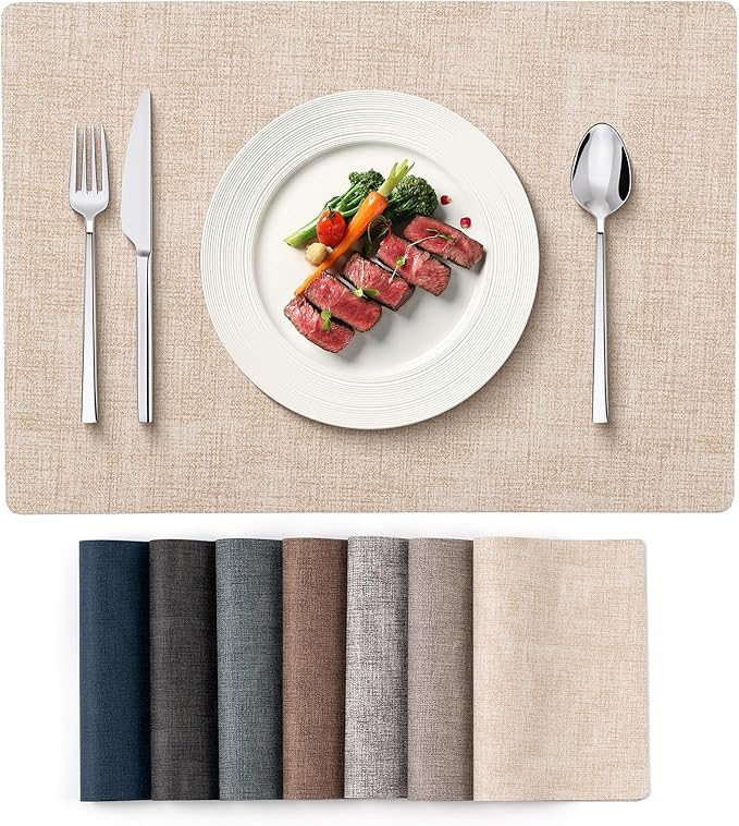 Vinyl Placemats Set of 4 - Faux Leather 100% Waterproof Oil-Proof Wipeable PU Place Mats, Heat Resistant Reversible Table Mats for Kitchen, Dining, Outdoor (Beige)