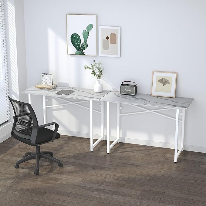 Lutown-Teen 47 inch Folding Desk No Assembly Required, Writing Gaming Computer Camping Table, Home Office Desk, White Marble