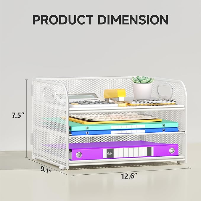 Cawukege 3 Tier Paper Organizer with Handle, Metal Desk Organizer Mesh Paper Letter Tray Desktop File Folder Document Sorter for Classroom, School, Office Accessories Storage (1, White)