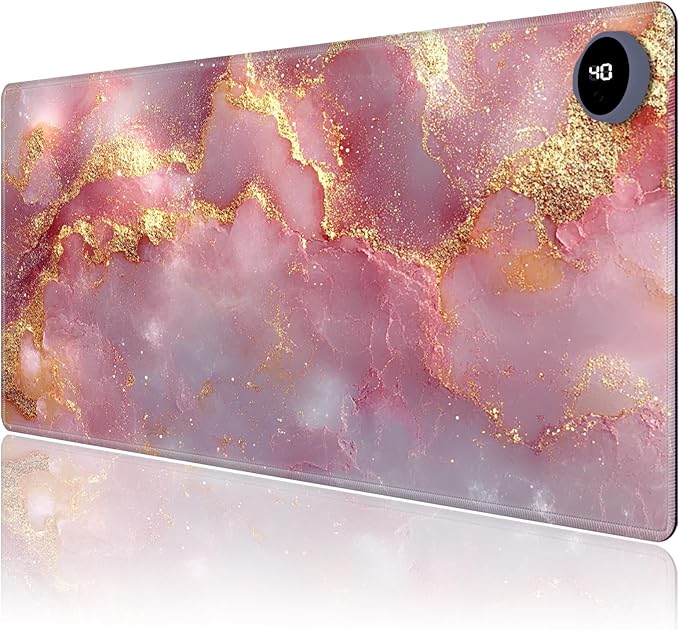 Heated Mouse Pad,Warm Desk Pad with 3 Levels Heating & 3 Hours Auto Shut-Off, PU Leather Heated Desk Pad Warmer Pad for Home Office - 31.5 x 13 inch,Pink Gold Marble