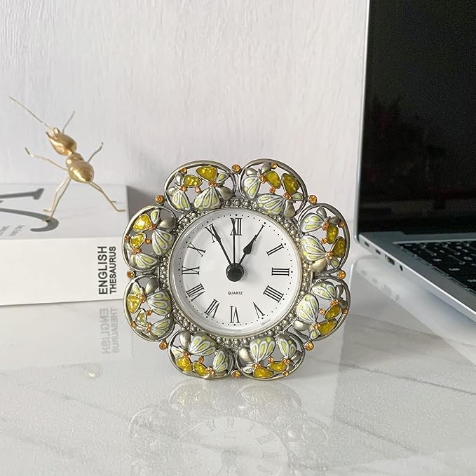Silent Mini Vintage Analog Table Clock with Hand-Painted Metal Body and Battery Operated Non-Ticking Core for Shelf, Bedroom, Bedside, Desk, Gift Clock