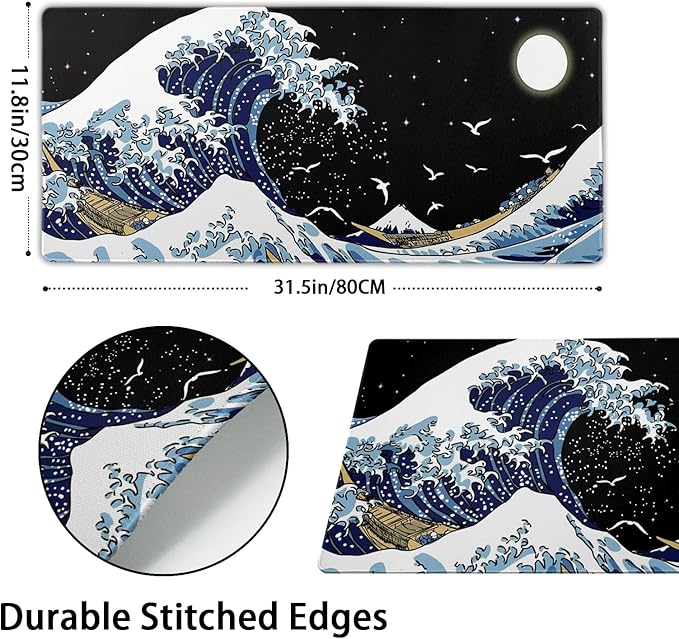 Kanagawa Surfing and Black Mouse Pad, Large Gaming Mouse Pad,Japanese Wave Desk Mat,Laptop Mousepad Non-Slip Rubber Desk Pad Keyboard Waterproof for Computer Desk Mat 11.8x31.5 in