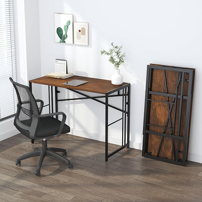 Lutown-Teen Folding Computer Desk 40 inch Writing Gaming Computer Camping Desk, No Assembly Required Home Office Table, Mahogany