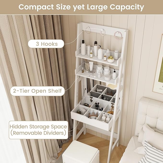 CHARMAID Small Vanity Desk with Mirror, Ladder Makeup Vanity Table with Flip top Mirror, Open Shelves, Hidden Storage Compartments, Compact White Bedroom Dressing Table with Stool for Small Space