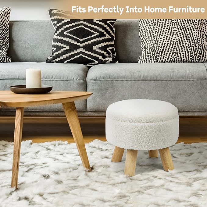 OGEMXU Ottoman Foot Rest, Small Round Ottoman with Storage, Boucle Teddy Velvet Footstool with Wood Legs, Soft Sponge Storage Ottoman for Living Room, Bedroom, Couch, Enterway (Cream)