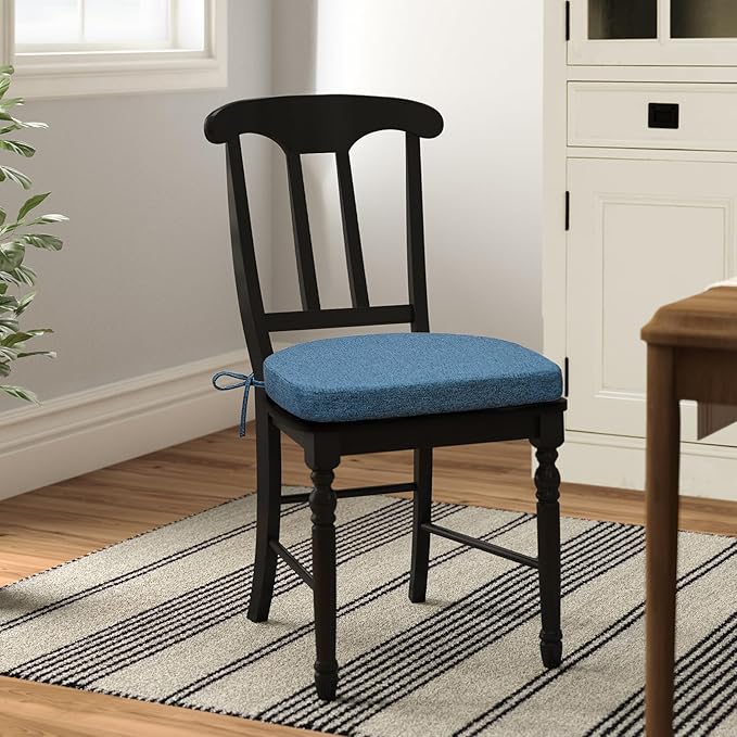 Shinnwa Dining Chair Cushions Set of 2, Non-Slip Kitchen Chair Cushions with Ties and Machine Washable Cover, 2 Pack, 17 x 16.5 x 2in, Blue