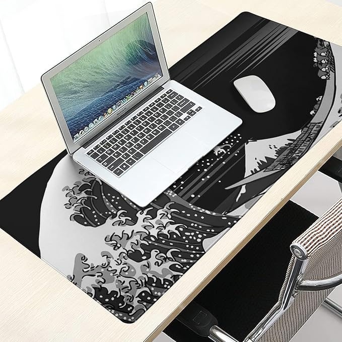 Extended Large Gaming Mouse Pad 31.5x11.8 in Desk Mat Mouse Pads，Japanese Sea Wave Laptop Mousepad PC Keyboard Waterproof and Non-Slip XL Rubber Table Mat Black and White Kanagawa Surfing