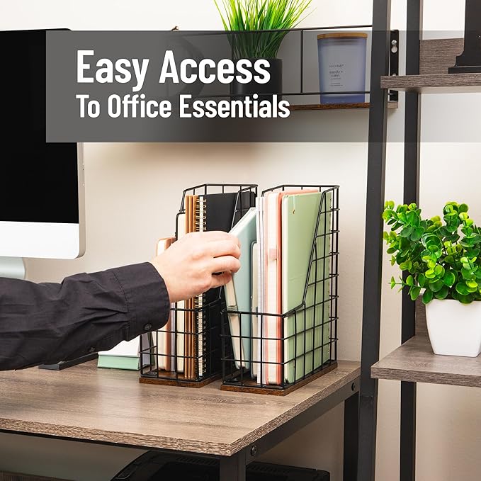 Mind Reader Vertical File Organizer with Wood Base and Black Metal Frame, Desktop Magazine Holder, Modern File Rack, Metal and Wood, Black