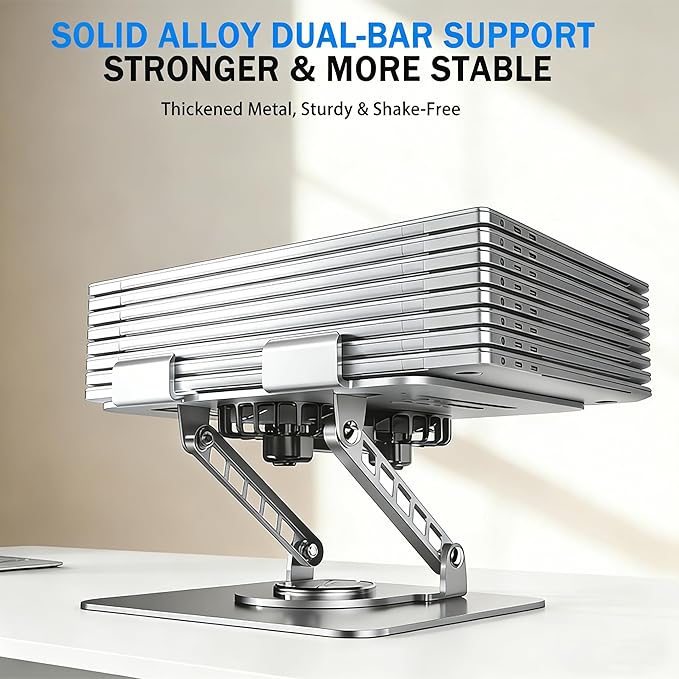Laptop Stand with Cooling Fan, 360° Rotating Base Aluminum Laptop Riser, Foldable Ergonomic Computer Stand for Desk, Height Adjustable Notebook & All Laptops Up to 17.3" (Silver)