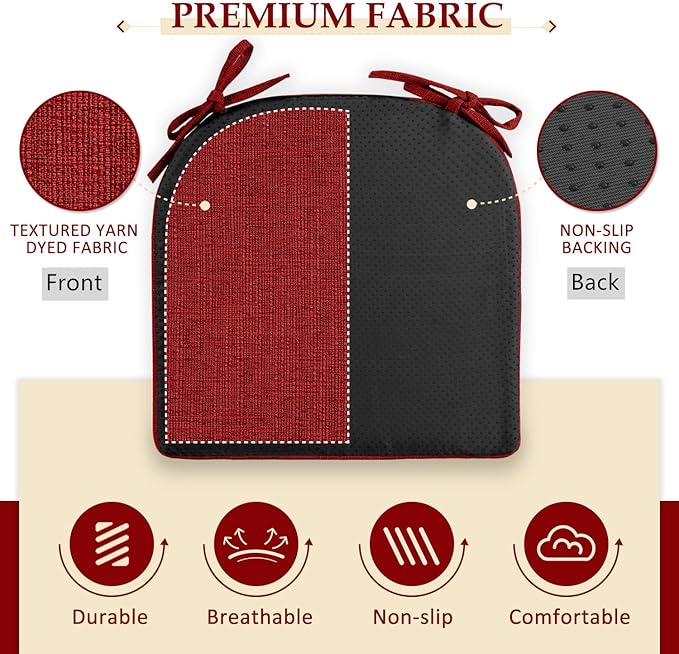 Wellsin Chair Cushions for Dining Chairs 6 Pack - Kitchen Chair Cushions with Ties and Non-Slip Backing - Dining Chair Pads 16"X16"X2", Red