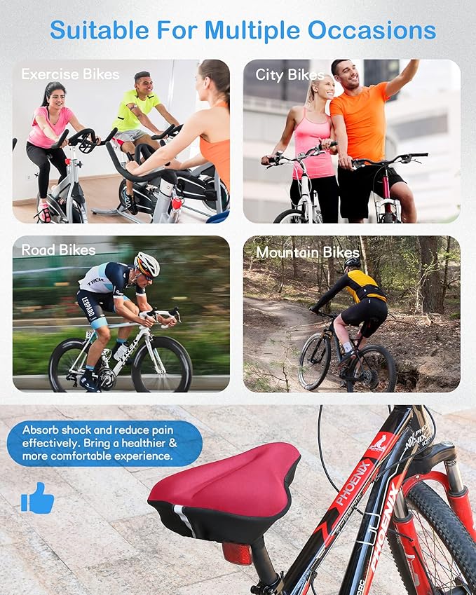 CUNCUI Bike Seat Cushion, Gel Bike Seat Cover, Bicycle Seat Cushion Covers for Women Men Comfort Compatible, Suitable for Outdoor and Indoor (11x10 inch)-Red