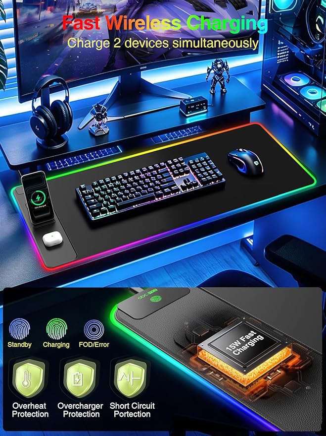 4-in-1 RGB Gaming Mouse Pad with Magnetic Wireless Charging & Phone Stand, 31.5"x15.8" Large, 24 Light Effects, Non-Slip Base, Waterproof Ultra-Smooth Surface, No Adatper
