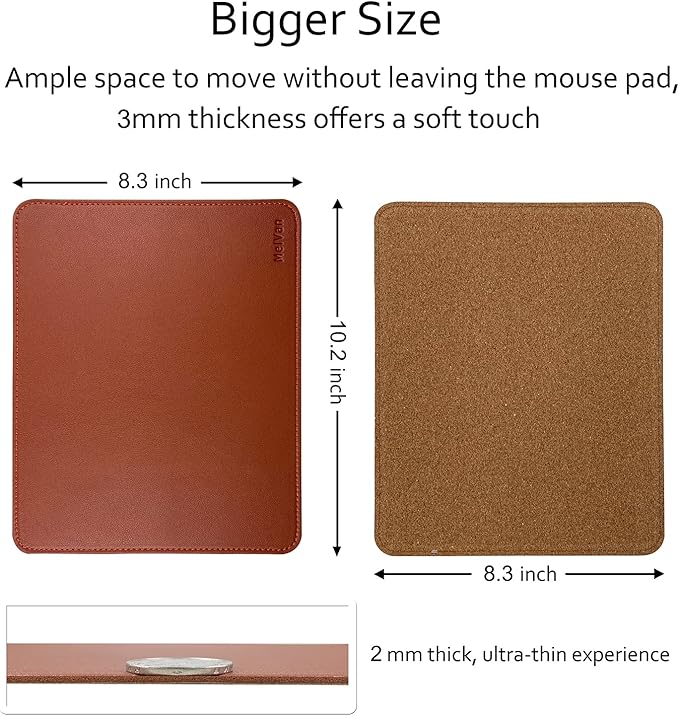 MelVan PU Leather Mouse Pad with Stitched Edge, Wood Mousepad, Waterproof Gaming Mouse Pad Mat for Computers, Laptop, Office & Home, 10.2" x 8.3", 1 Pack (Brown)