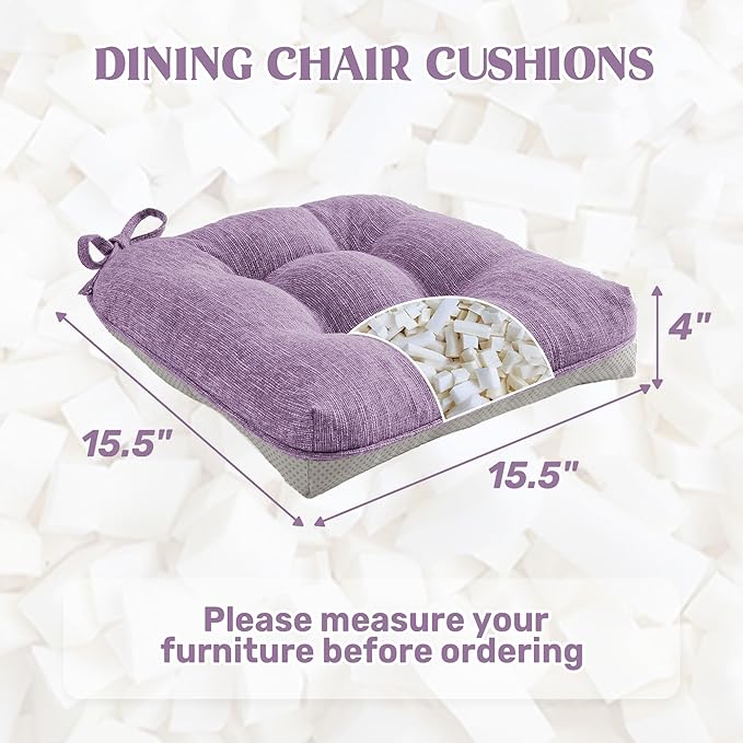 puredown® Chair Cushions for Dining Chairs, Tufted Memory Foam Chair Pads with Non-Slip Backing, Kitchen Seat Cushions with Ties, Washable Seat Pads Set of 4, 15.5" x 15.5" x 4", Purple