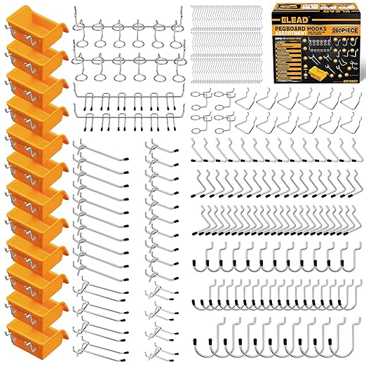 ELEAD 260 Piece Pegboard Hooks 1/8 and 1/4 inch Peg Board Organizer Accessories with Pegboard Bins for Organizing Various Tools in The Garage, Workshop & Craft Room
