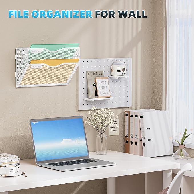 Marbrasse Wall File Holder 2-Tier Hanging Wall File Organizer, Mesh Mail Holder for Papers, Wall Mount File Clipboard & Magazine Organizer Great for Office Home (White)
