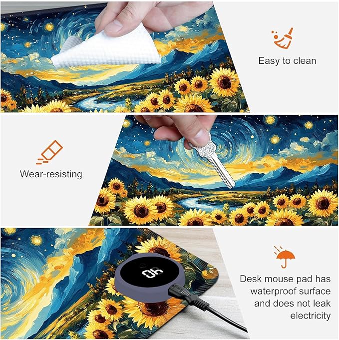 Heated Mouse Pad,Warm Desk Pad with 3 Levels Heating & 3 Hours Auto Shut-Off, PU Leather Heated Desk Pad Warmer Pad for Home Office - 23.6 x 14.2 inch,Starry Sky Sunflower