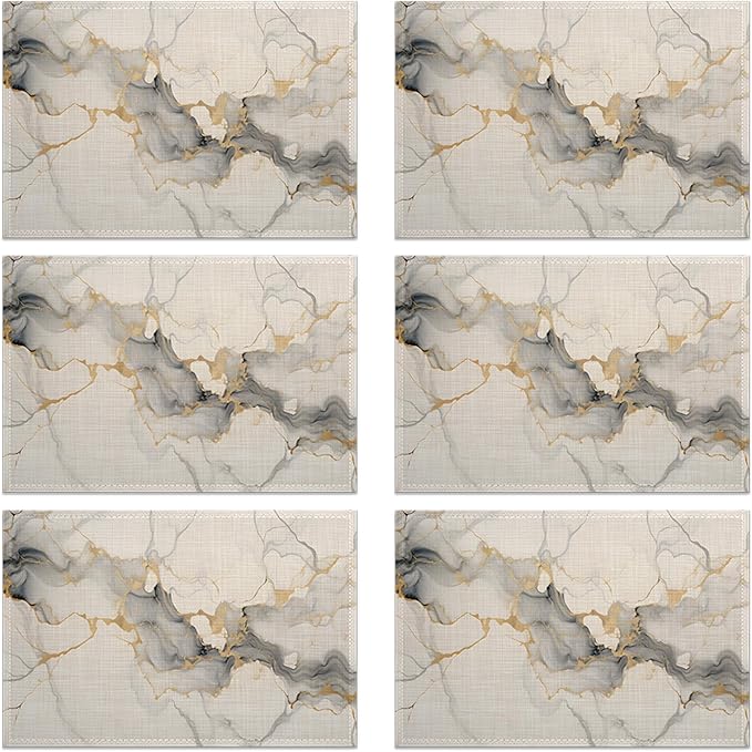 Placemats Set of 6, Abstract White Marble Texture Linen Placemats 12x18 Inch, Heat Resistant Table Mats, Washable Non Slip Place Mats for Dining Table Kitchen Home