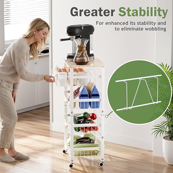 JAQ Vegetable Storage Cart with Wheels, 5-Tier Rolling Cart with Slide-Out Baskets for Onion Potato Storage, Metal Produce Rack Organizer with Wooden Top & Handle for Kitchen Pantry, White