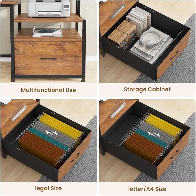 SEDETA Home Office Desk with File Drawer & Power Outlet, 66'' Computer Desk with 5 Drawer, Storage Shelves, Printer Cabinet and Monitor Shelf, Gaming Desk with Led Lights, Rustic Brown