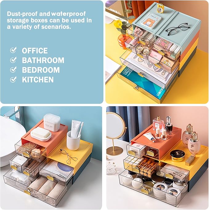 2 PACK Stackable Desk Organizer with Drawer Desktop Storage Drawer Box Plastic Desk Stationery Organizer for Office Supplies, Pens, Mails, Makeup, Letters (Blue, M - 1 Drawer, Pack of 2)