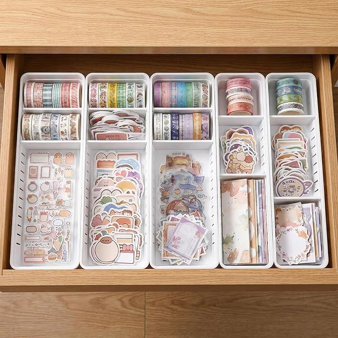 6 PCS Desk Drawer Organizer, Bathroom Drawer Organizer Trays with Dividers Adjustable, 3 Small 3 Large Makeup Organizer Bins, White Drawer Dividers for Vanity Clothes Junk Kitchen Utensil