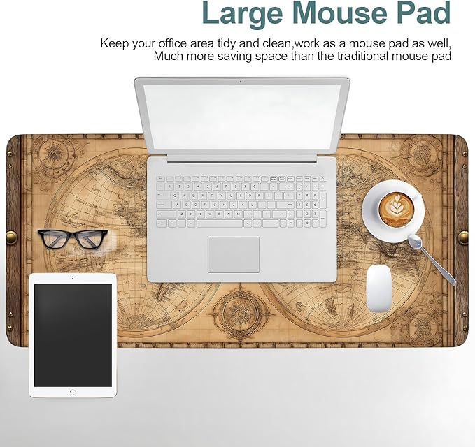 Vintage World Map Extended Gaming Mouse Pad 35.4 x 15.7 Inch – Retro Desk Mat for Gaming, Office Work, and Study, with Non-Slip Rubber Base