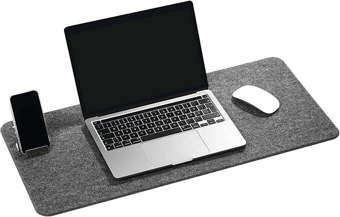 Durable Effect Soft Felt Office Desk Mat - 27.5" x 13" Inches - Gray Desk Pad Mat with Phone Holder Made of Recycled PET Flet - Foldable and Portable