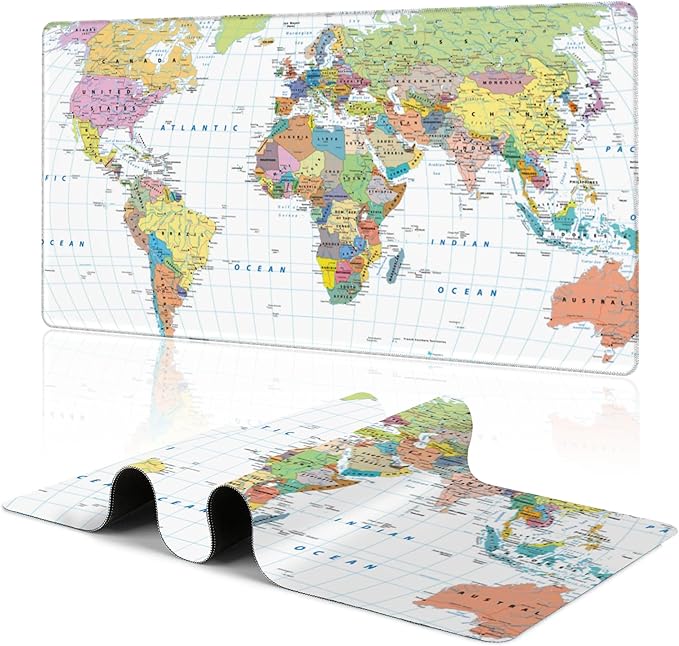 Colored Map Extended Large Gaming Mouse Pad World Map XXL Mousepad Desk Pad Mat for Keyboard and Mouse, Non Slip Rubber Base Mousepad with Stitched Edges for Work Game, 31.5 x 15.8 in