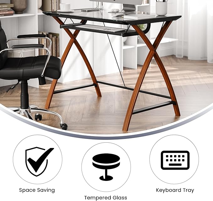 Flash Furniture Jude Tempered Glass Computer Desk with Pull-Out Keyboard Tray and Crisscross Frame, Small Computer Desk for Home Office, Cherry/Clear